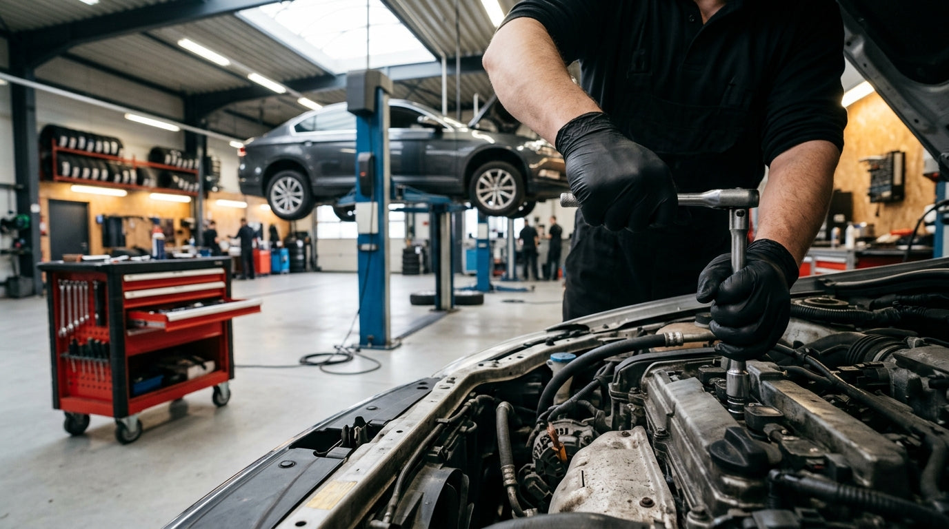 Technician in black nitrile gloves working on an engine in a professional auto repair shop
