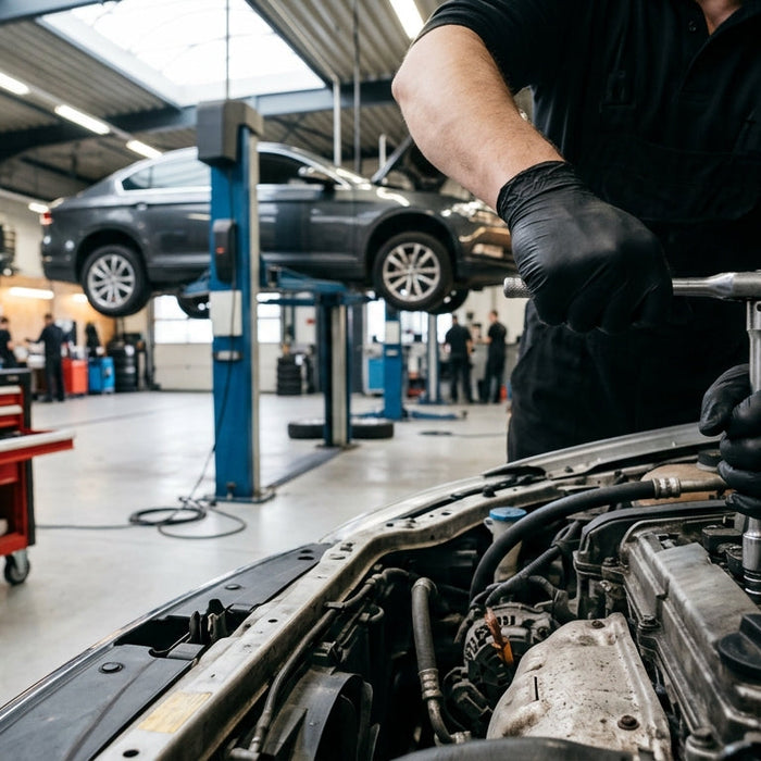 Technician in black nitrile gloves working on an engine in a professional auto repair shop