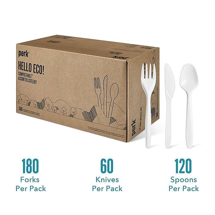 Perk Compostable PLA Assorted Cutlery, Medium-Weight, White, 360/Pack (FS-K) - VizoCare