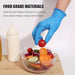 Person wearing blue gloves handling a tomato over a salad bowl with text about food grade materials.
