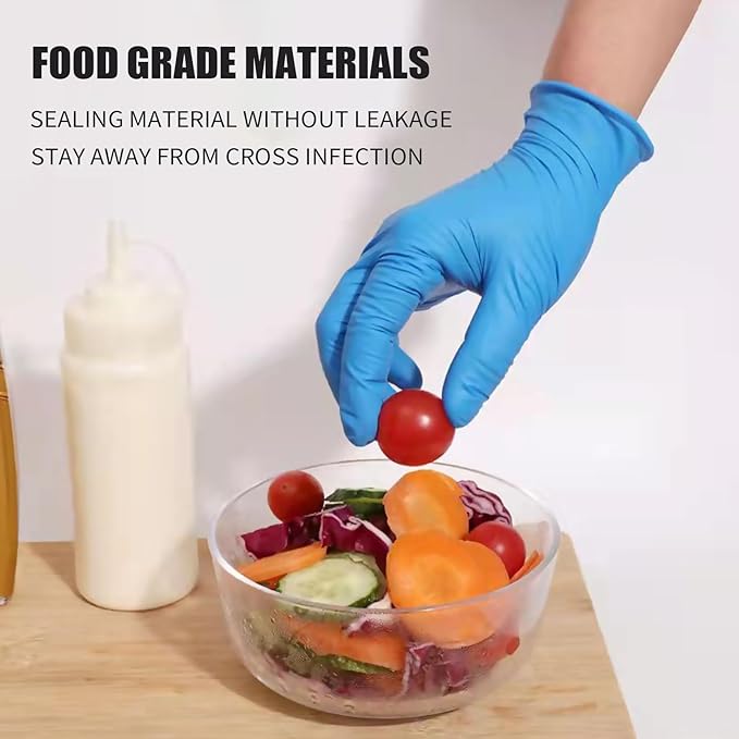 Hand wearing a blue glove holding a cherry tomato over a salad bowl with text about food-grade materials.
