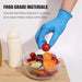 Hand wearing a blue glove holding a cherry tomato over a salad bowl with text about food-grade materials.