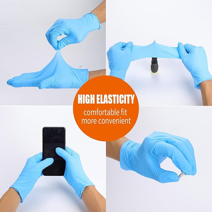 Collage of blue gloves being worn and used with text highlighting high elasticity and comfort.