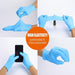 Collage of blue gloves being worn and used with text highlighting high elasticity and comfort.