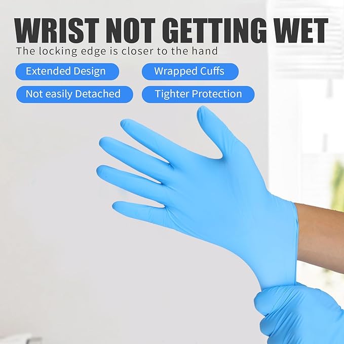 Blue glove with text highlighting features on a white background