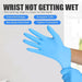 Blue glove with text highlighting features on a white background