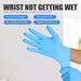 Blue glove with text highlighting features on a white background