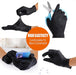 Black gloves being used for various tasks with an orange circle highlighting 'High Elasticity' and 'Comfortable Fit'.