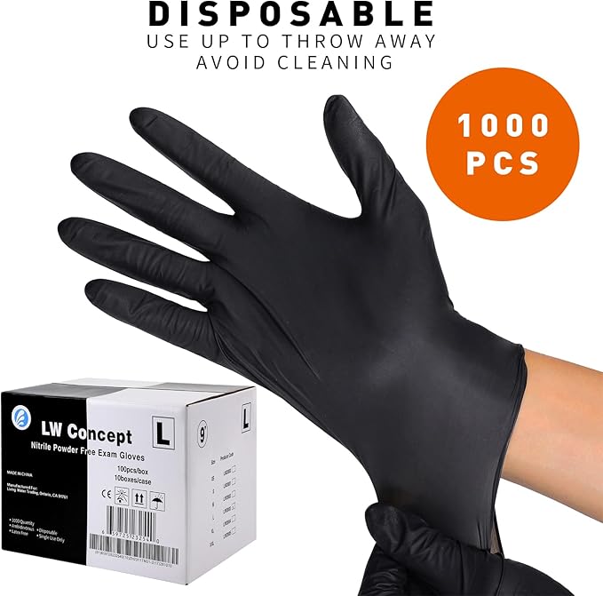 Black disposable gloves with a box labeled 'LW Concept' and text about usage and quantity.