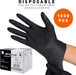 Black disposable gloves with a box labeled 'LW Concept' and text about usage and quantity.