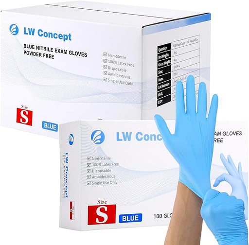 Blue nitrile exam gloves with LW Concept packaging on a white background