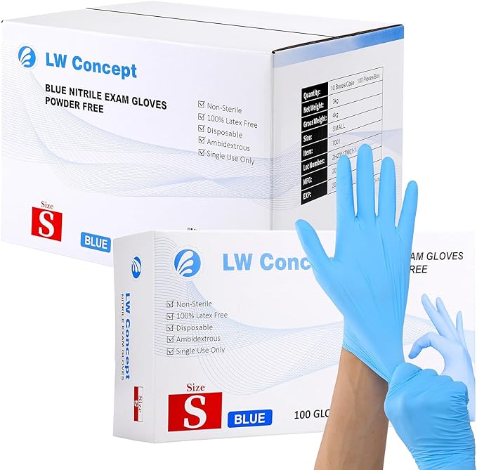 Blue nitrile exam gloves with LW Concept packaging on a white background