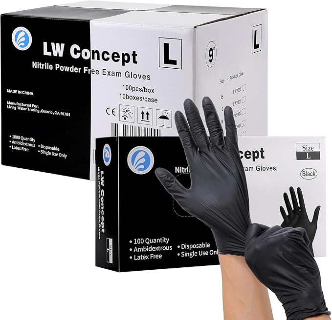 Black nitrile exam gloves with LW Concept packaging on a white background