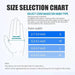 Size selection chart for hand measurements with a hand illustration and measurement guide.