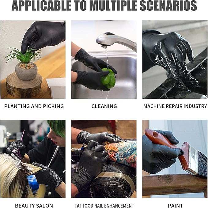 Black gloves being used in various scenarios including planting, cleaning, machine repair, beauty salon, tattoo, and painting.