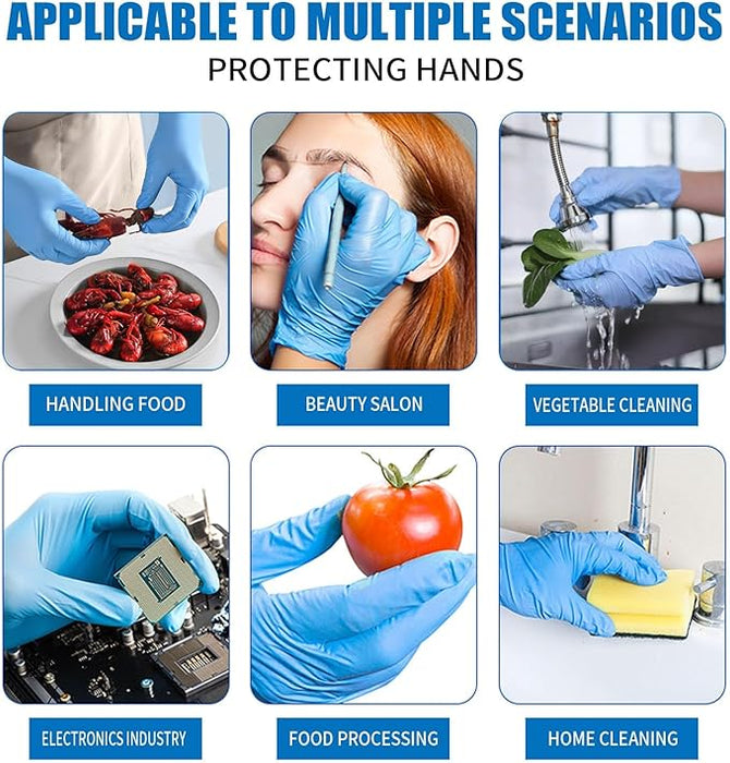 Blue gloves being used in various scenarios with text indicating their applicability.