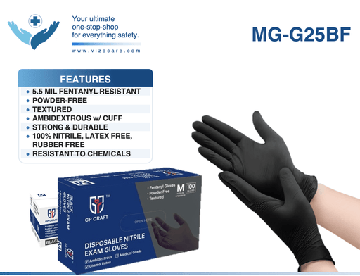 GP Craft 5.5 MIL Black Nitrile Exam Gloves Chemical-Resistant, Case of 1000 pcs. (MG-G25BF) - VizoCare