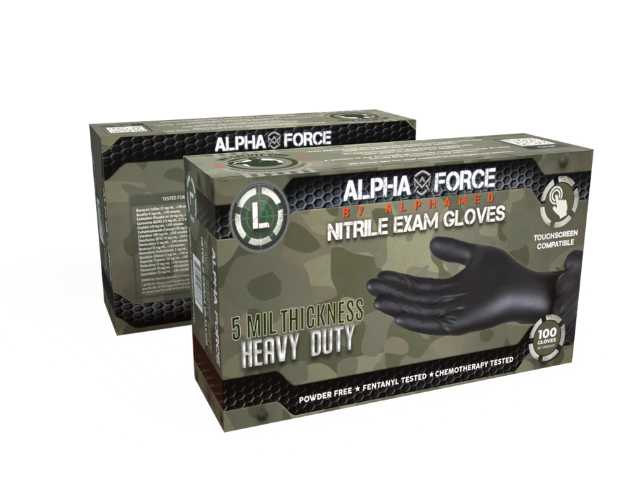 Two boxes of Alpha Force nitrile exam gloves on a white background