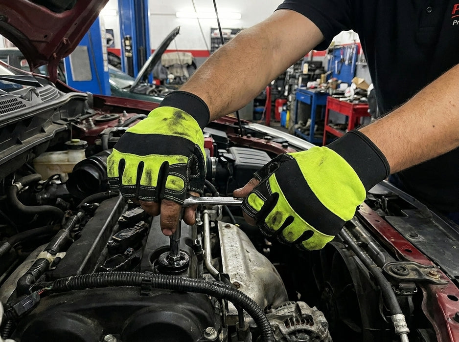 A Car Mechanic working on a car engine wearing Leather Fingerless Mechanic Glove in a garage setting.