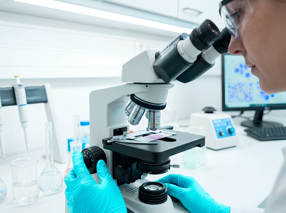 Scientist wearing Abena Blue 5 Mil Nitrile Exam Gloves while using a compound microscope in a laboratory setting, highlighting precision, safety, and chemical resistance.