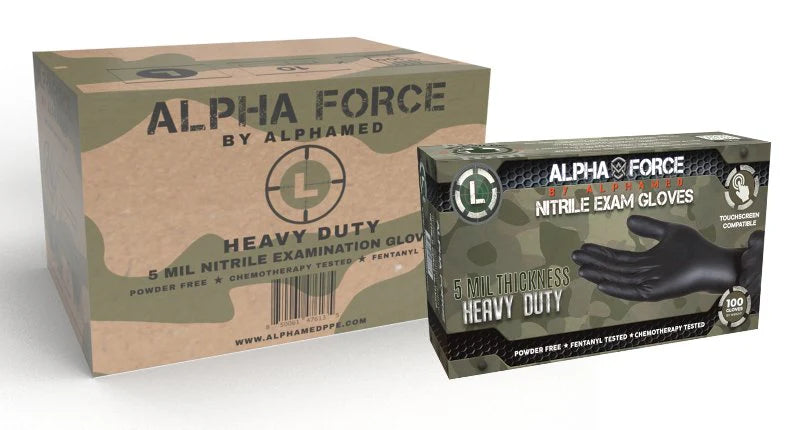 Alpha Force nitrile exam gloves packaging on a white background