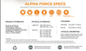 Alpha Force gloves specifications with product attributes, physical attributes, thickness, and properties on a white background.