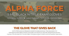 Advertisement for Alpha Force black nitrile exam gloves with camouflage pattern