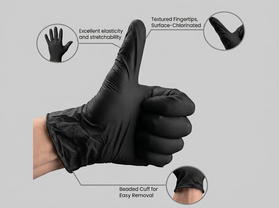 Black glove with features highlighted on a gray background