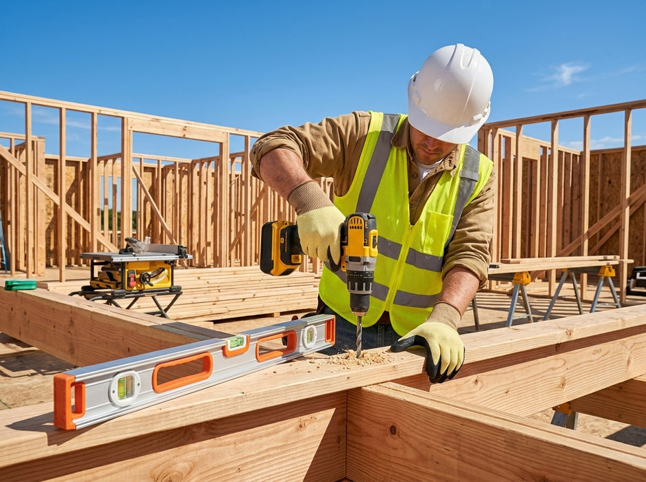 Worker in a construction site using tools on wooden beams. Wearing Tuff Gard Kevlar Shell NBR‑Palm Coated Glove – Yellow & Black