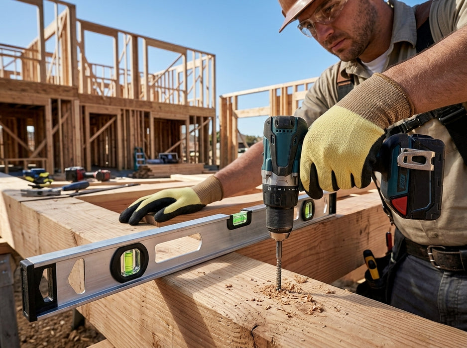 Worker using a drill on a wooden construction site with tools and materials around. Wearing Tuff Gard Kevlar Shell NBR‑Palm Coated Glove – Yellow & Black