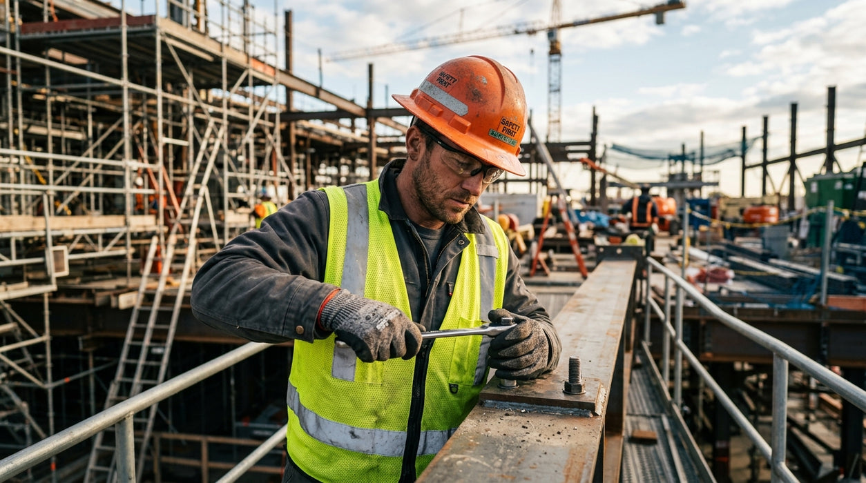 Construction worker in high-visibility vest and hard hat working on a construction site.
