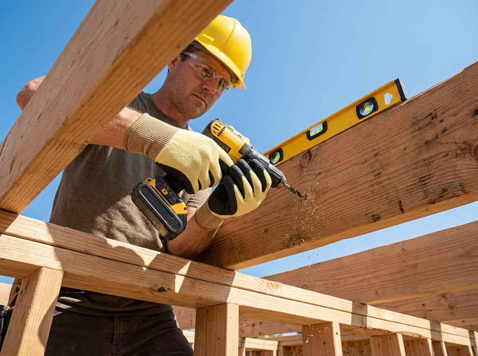 Man working on a wooden structure using a drill and level, wearing a hard hat and safety glasses.