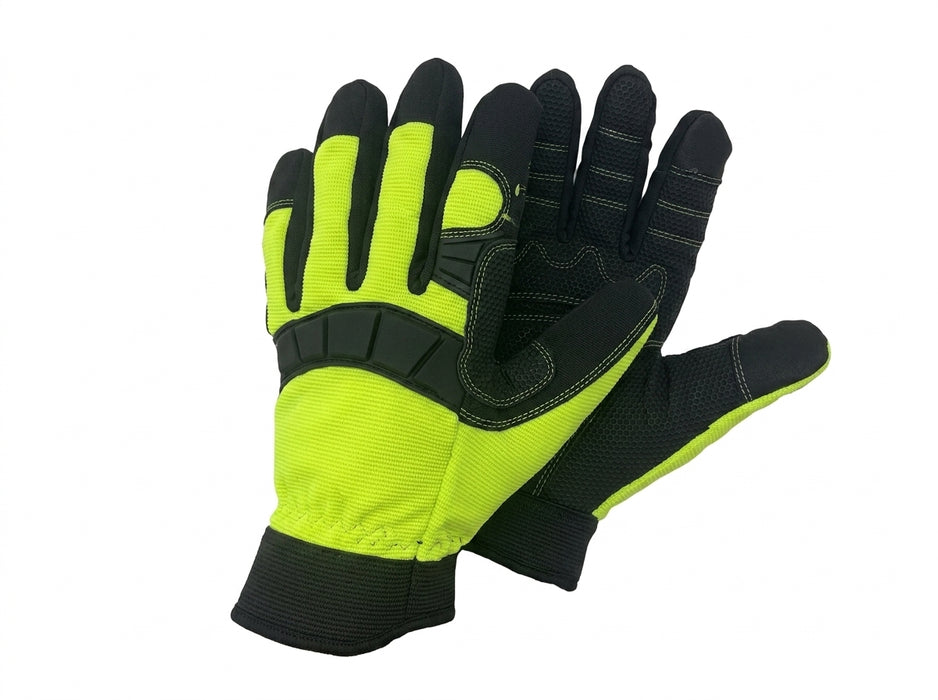 Pair of black and green gloves on a white background
