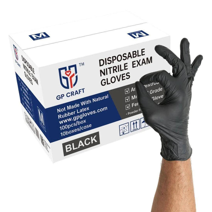 Box of disposable nitrile exam gloves with a gloved hand on a white background