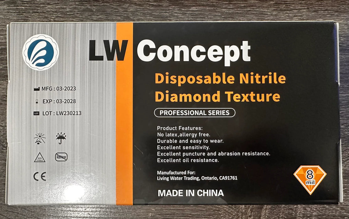Box of LW Concept disposable nitrile gloves with text on a wooden surface
