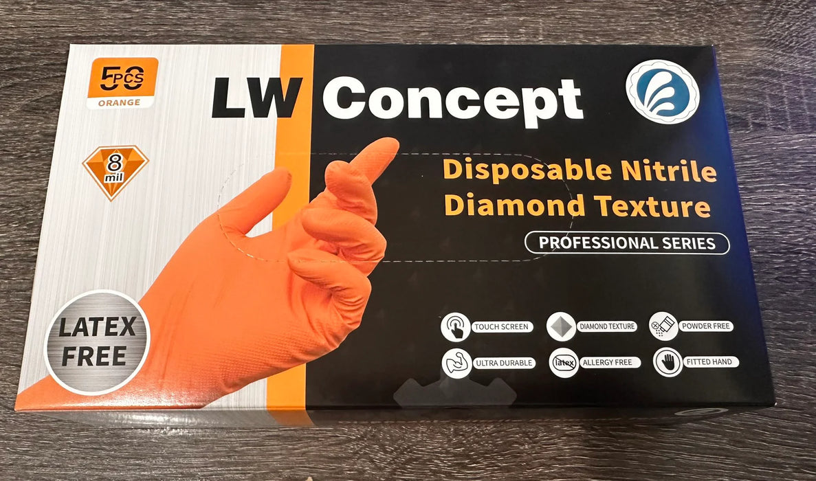 Box of LW Concept disposable nitrile gloves with an orange glove on a dark surface