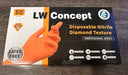 Box of LW Concept disposable nitrile gloves with an orange glove on a dark surface