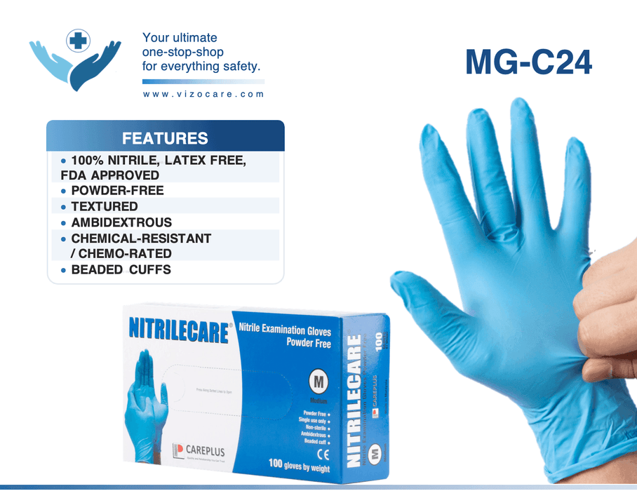 CarePlus 4 Mil Blue Nitrile Chemo Exam Gloves, Case of 1000 pcs. (MG-C24) - VizoCare