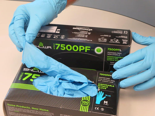 Clean Room Showa 7500PF 4 Mil Blue Biodegradable Nitrile Gloves
