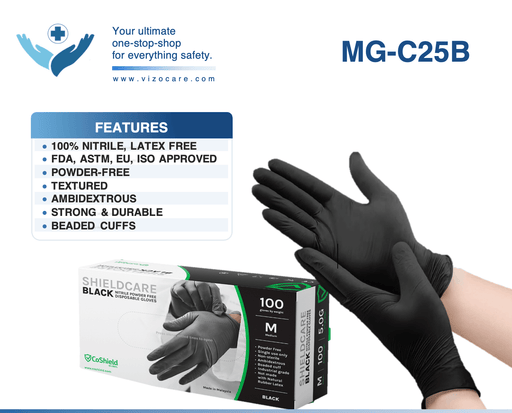 CarePlus ShieldCare 5 Mil Black Nitrile Industrial Gloves, Case of 1000 pcs. (MG-C25B) - VizoCare