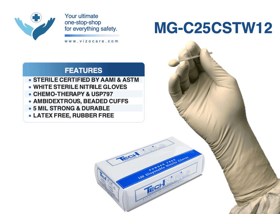Clean Room Techniglove Sterile 5 Mil 12” White Class 100 Nitrile Gloves, Case of 1000 pcs. (MG-C25CSTW12) - VizoCare