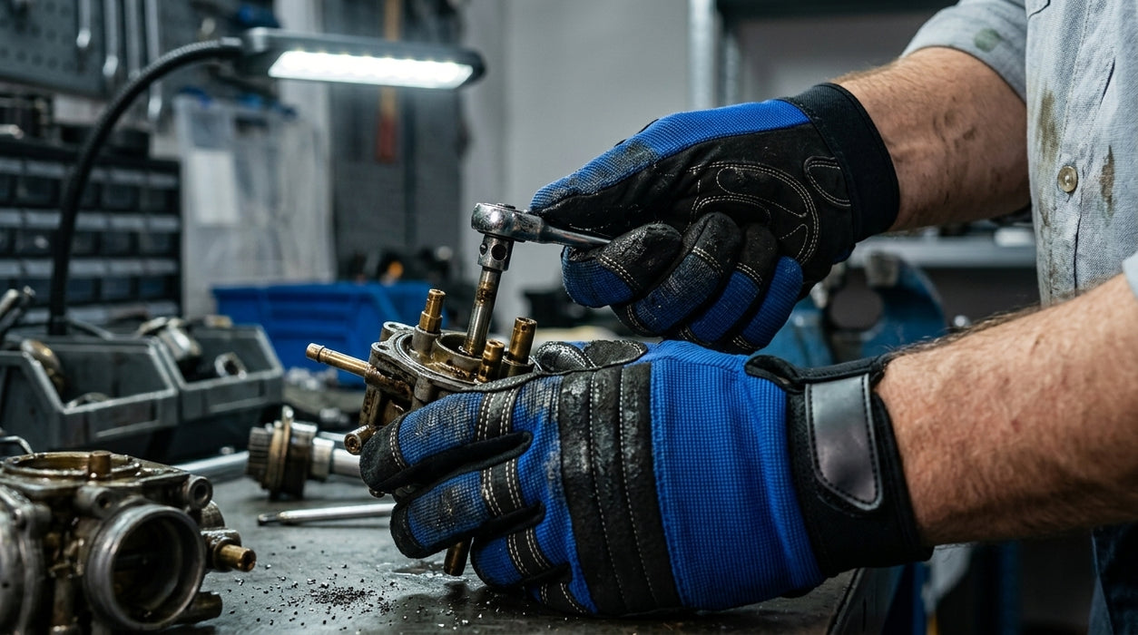 Person wearing blue gloves holding mechanical parts in a workshop setting