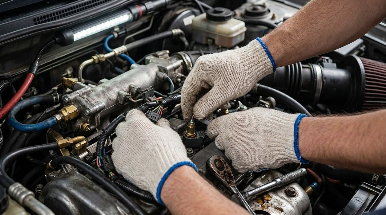 Mecanics working on a car engine with gloves on-