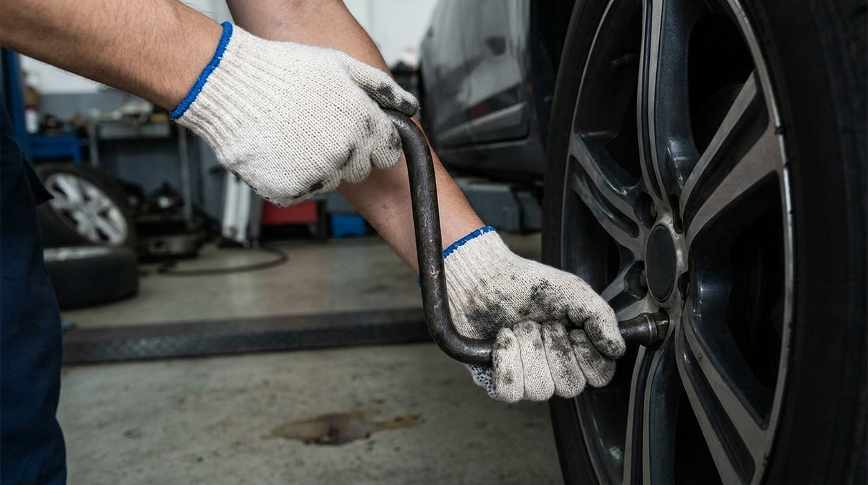 Person changing a tire with tools in a garage setting while wearing Tuff Gard Cotton/Polyester Knit Glove