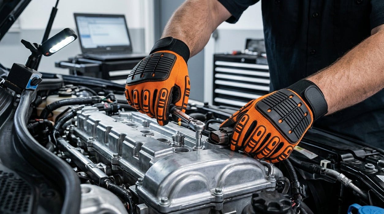 Person working on a car engine with tools in a garage setting
