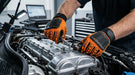Person working on a car engine with tools in a garage setting