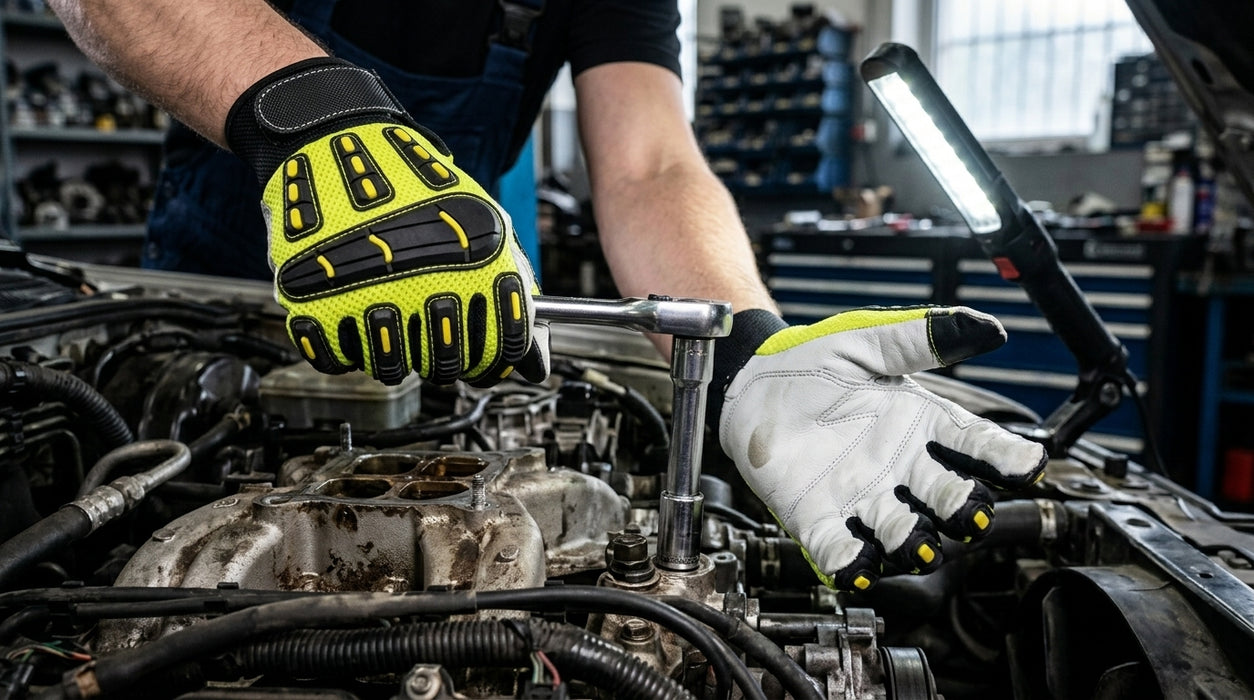 Person working on a car engine with tools and gloves in a garage setting