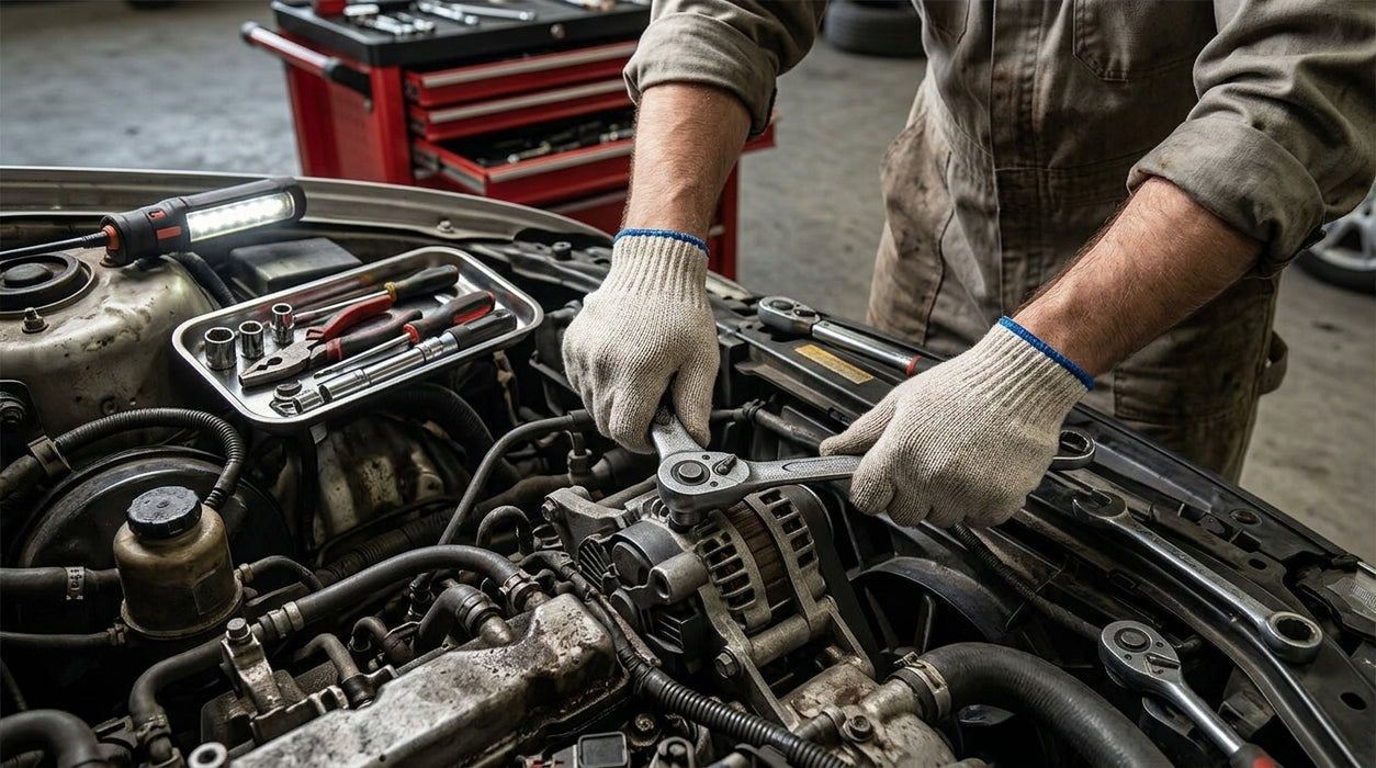 Mechanic working on a car engine with tools in a garage setting wearing Tuff Gard Cotton/Polyester Knit Glove