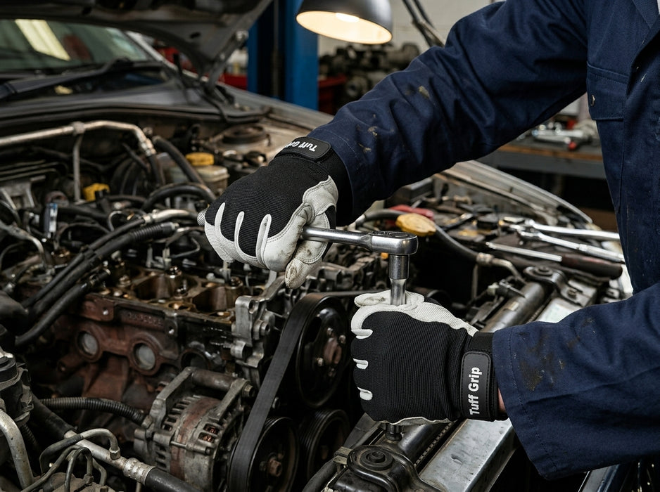 Mechanic working on a car engine in a garage wearing Tuff Gard Leather Palm Mechanic Glove – Grey & Black | Vizocare