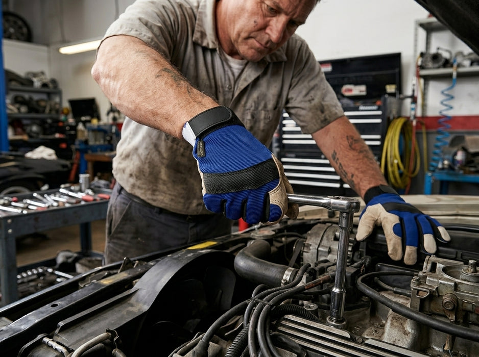 Mechanic working on a car engine in a garage wearing a Tuff Gard Cowgrain Mechanic Glove – Blue & White